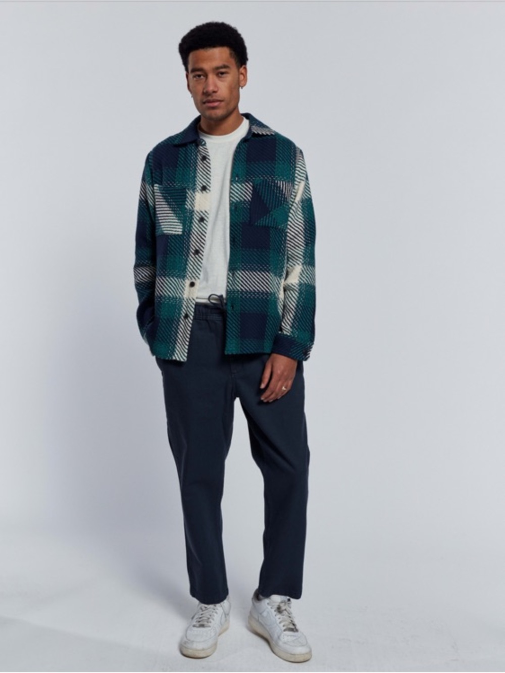 Wax London Whiting Overshirt Cotton Knit Plaid Shacket Size XL Green Ombre